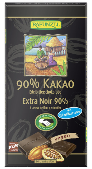 ΣΟΚΟΛΑΤΑ ΜΑΥΡΗ 90% ΚΑΚΑΟ ΜΕ ΖΑΧΑΡΗ ΚΑΡΥΔΑΣ 80g Rapunzel